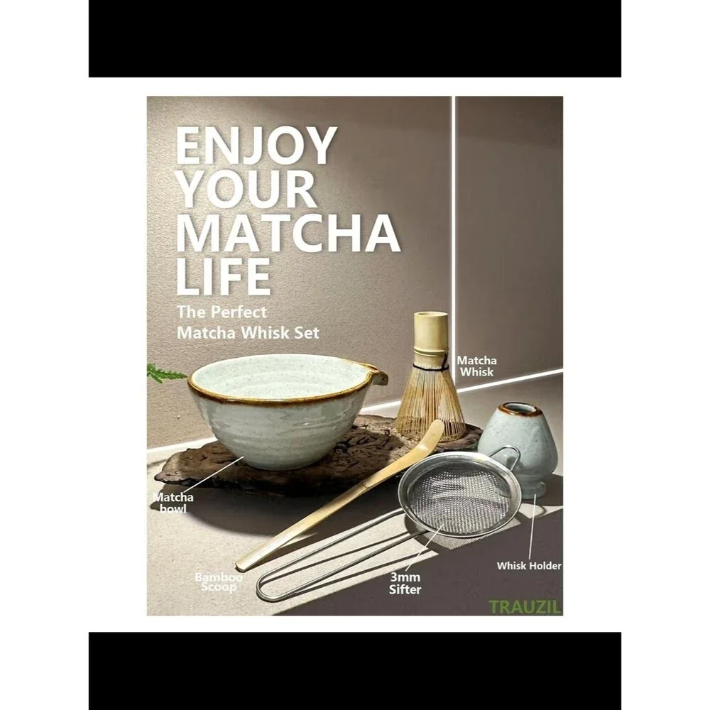 Taruzil Matcha Whisk Set with Matcha Bowl, Matcha Bamboo Whisk, Scoop, Sifter